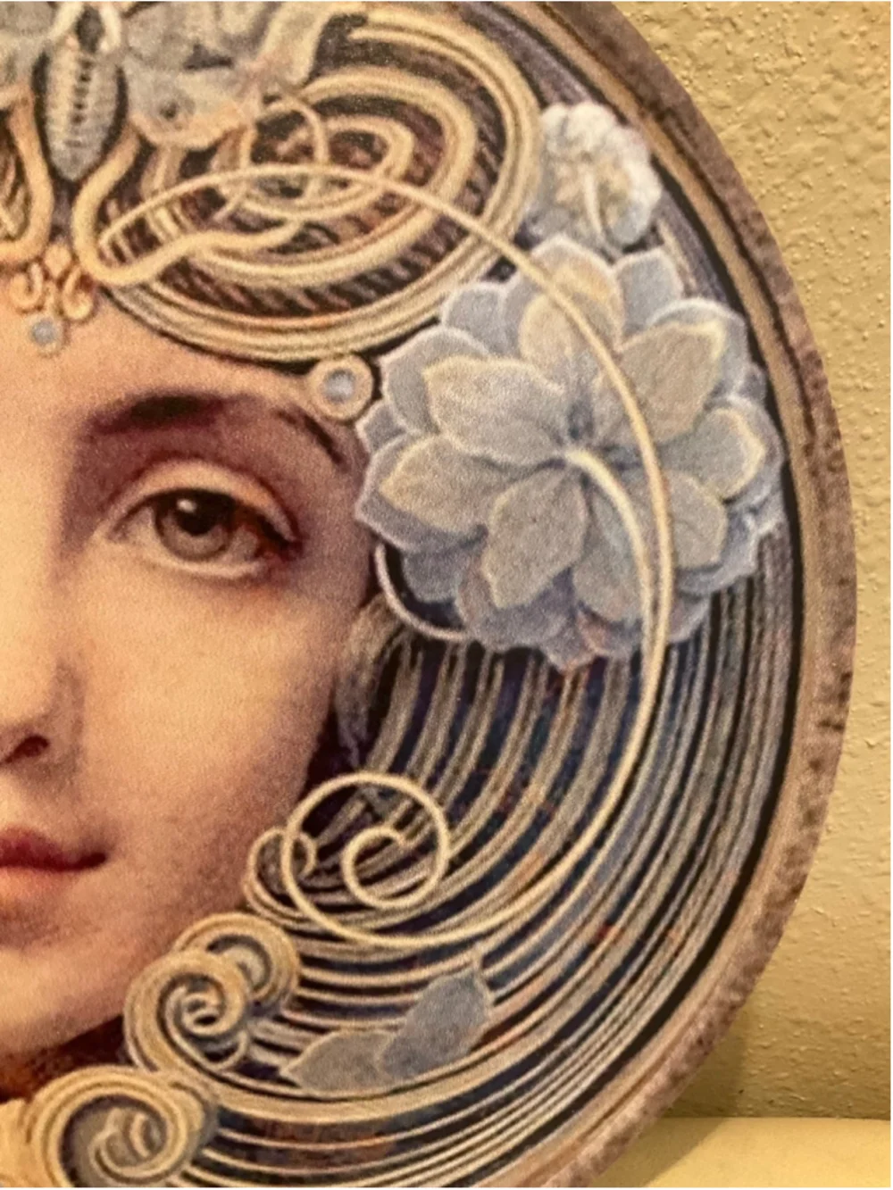 Vintage Inspired Art Nouveau Lady Portrait Round Wall Plaque Floral Cottagecore